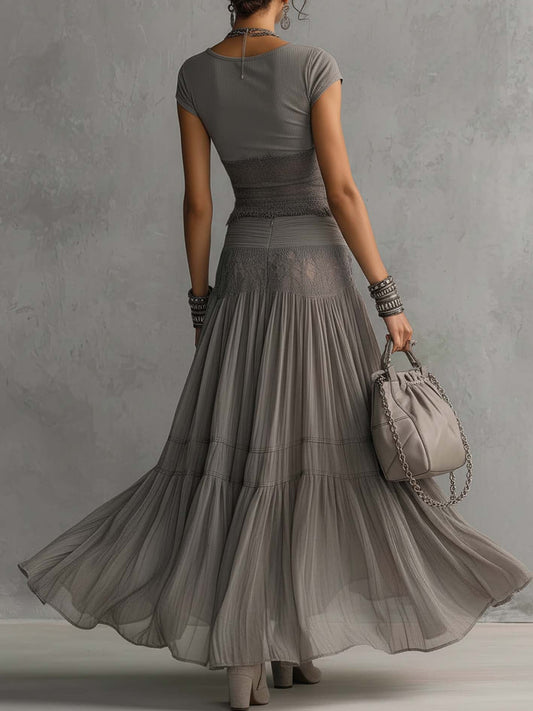 Conjunto de top y falda larga plisada gris, falda con volantes translúcidos