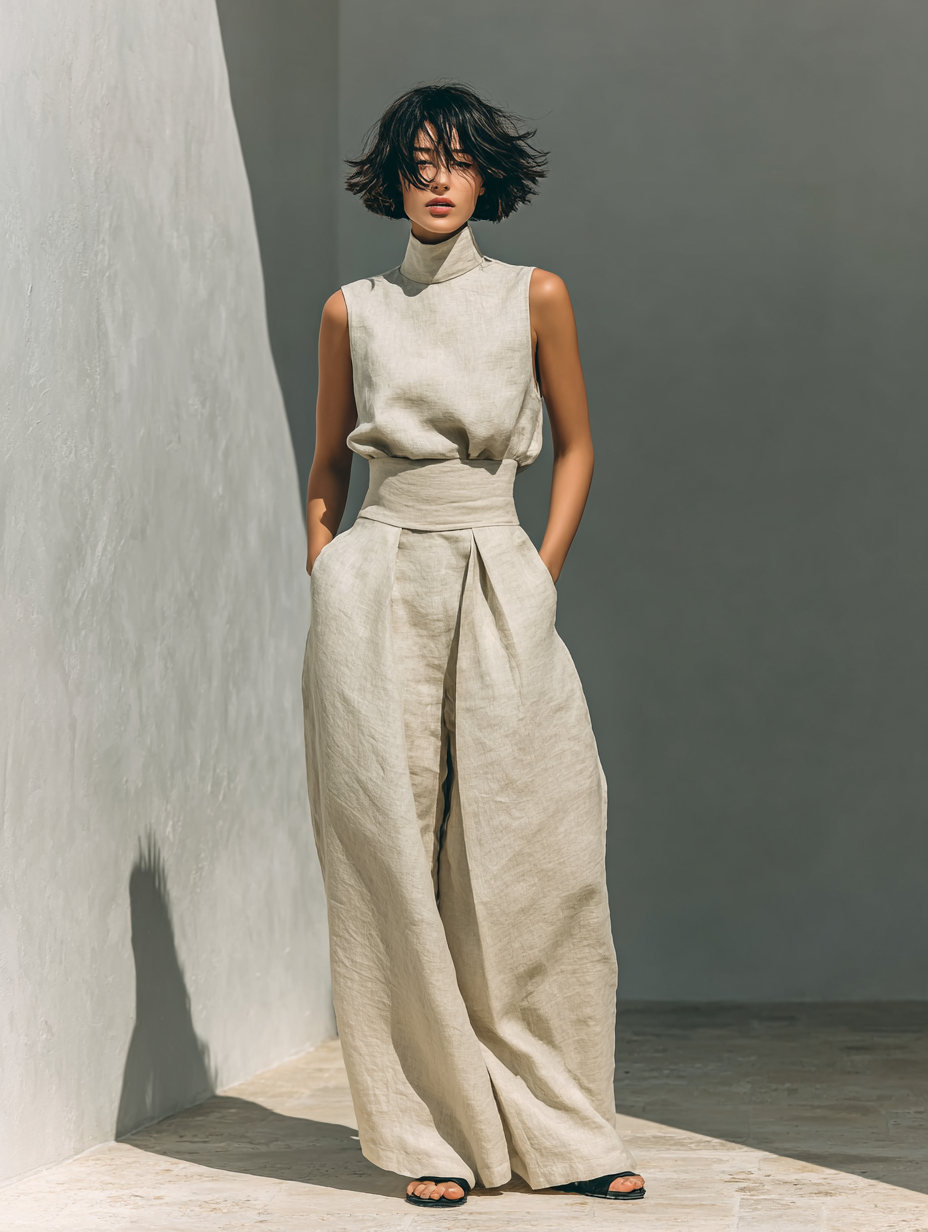 Conjunto de algodón y lino beige: top sin mangas y pantalón ancho con cintura anudada
