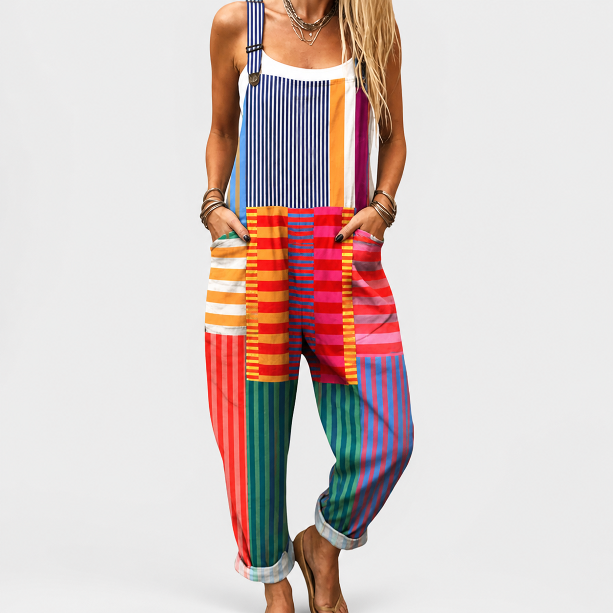 Salopeta de mujer sin mangas de rayas verticales multicolor y pierna ancha