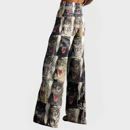 Pantalón vaquero ancho multicolor con estampado de gatos y cintura alta