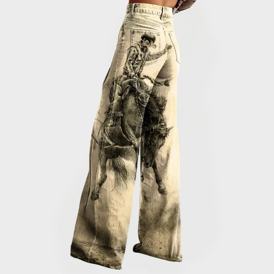 Vaqueros de corte ancho con estampado multicolor, vista lateral, tiro alto