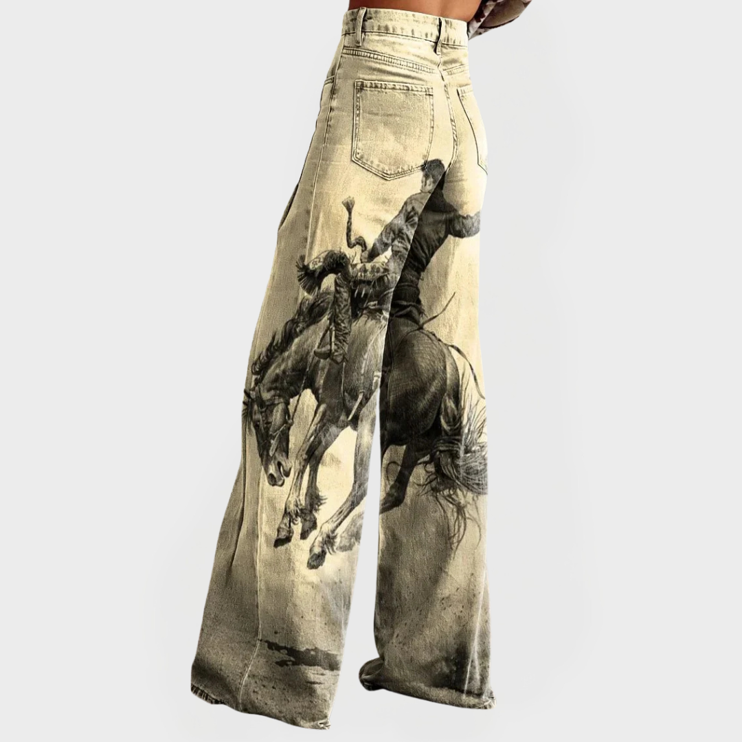Vaqueros de pierna ancha en denim claro con estampado negro de caballos