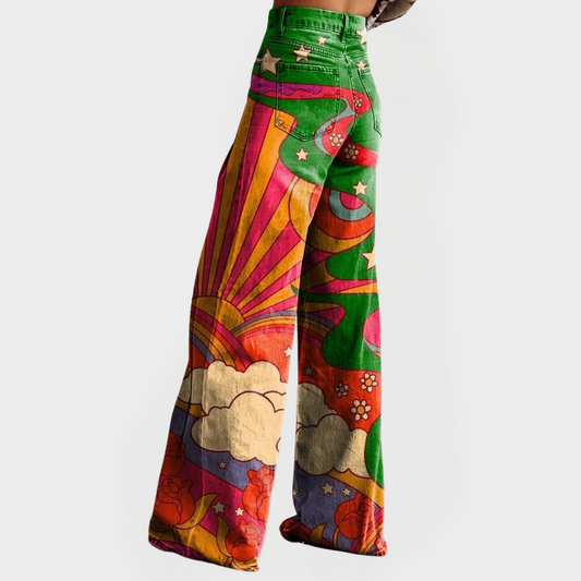 Vaqueros de corte ancho multicolor con estampado gráfico y pretina verde