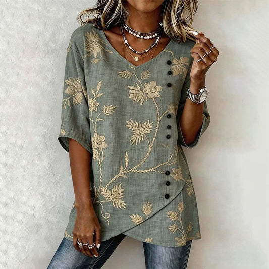 Blusa vintage verde grisácea con estampado floral, cuello en V y cierre de botones