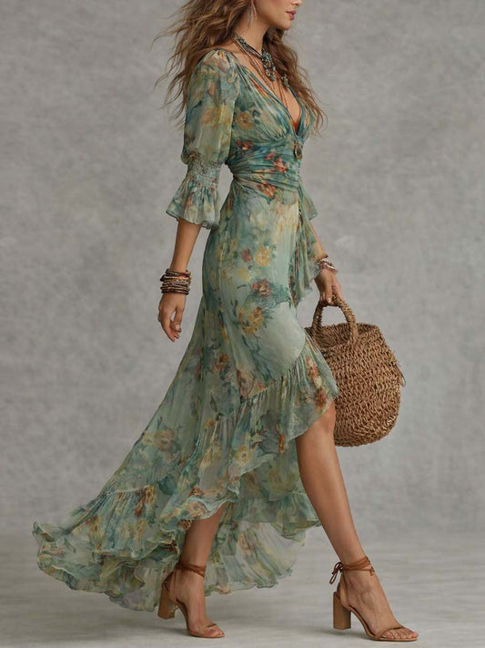Vestido Atenea verde salvia estampado floral, escote cruzado y mangas globo