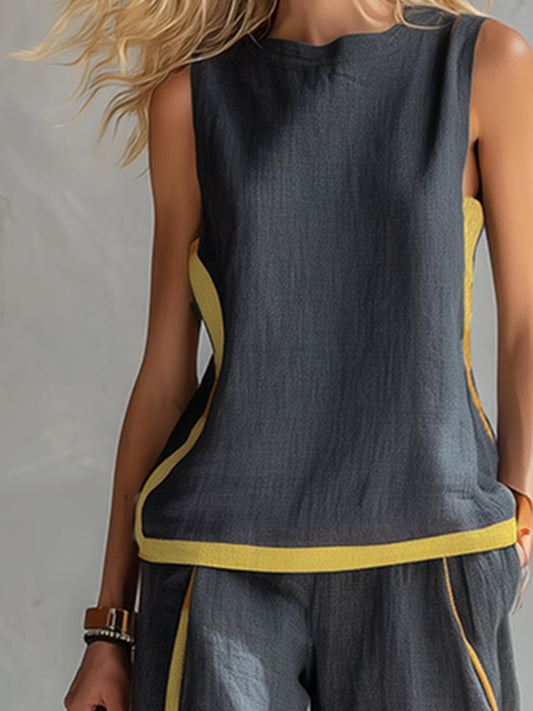 Conjunto de algodón y lino gris oscuro sin mangas con pantalón ancho y ribete amarillo
