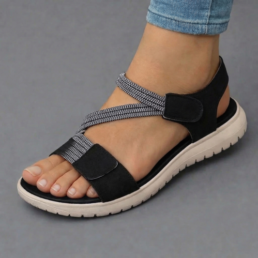 Sandalias ortopédicas negras con tira elástica y doble velcro, suela de goma