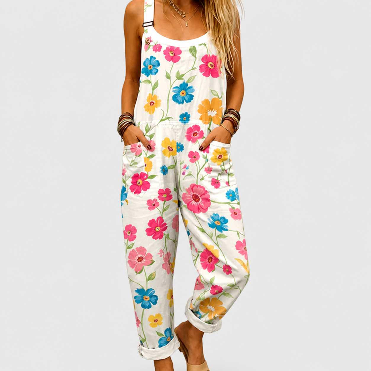 Mono de mujer sin mangas con estampado floral multicolor y cinturilla elástica
