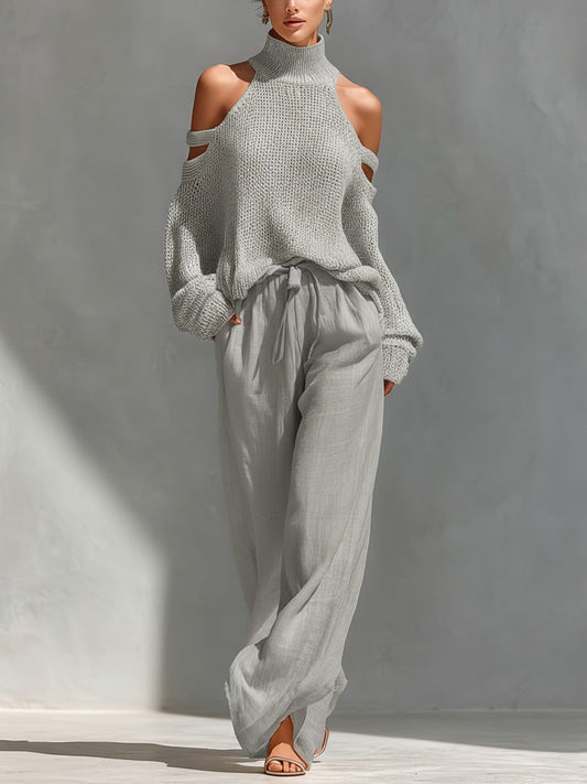 Conjunto de punto y lino beige: jersey sin mangas con cuello alto y pantalón suelto