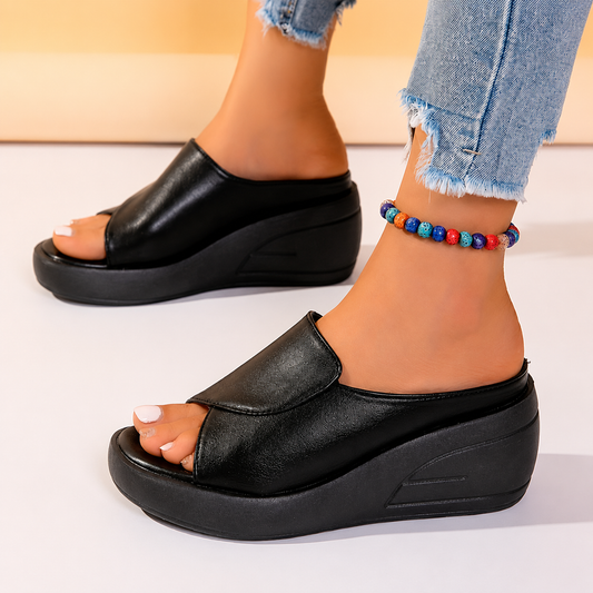 Sandalias ortopédicas con cuña negras tipo slip-on, punta abierta