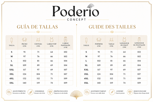 Guía de tallas Poderio: tabla de medidas y equivalencias para conjuntos