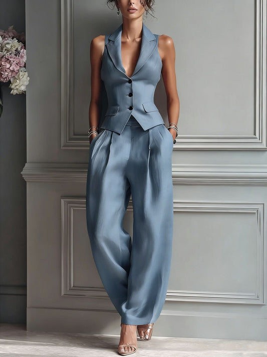 Conjunto de dos piezas de mujer: chaleco de cuello V con botones y pantalón ancho azul