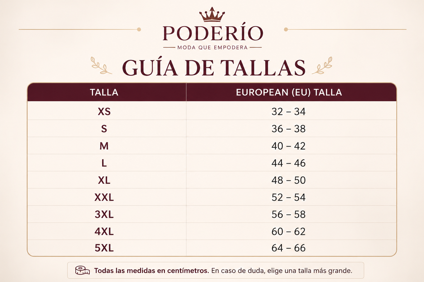 Guía de tallas PODERÍO con tabla de tallas EU y medidas en cm
