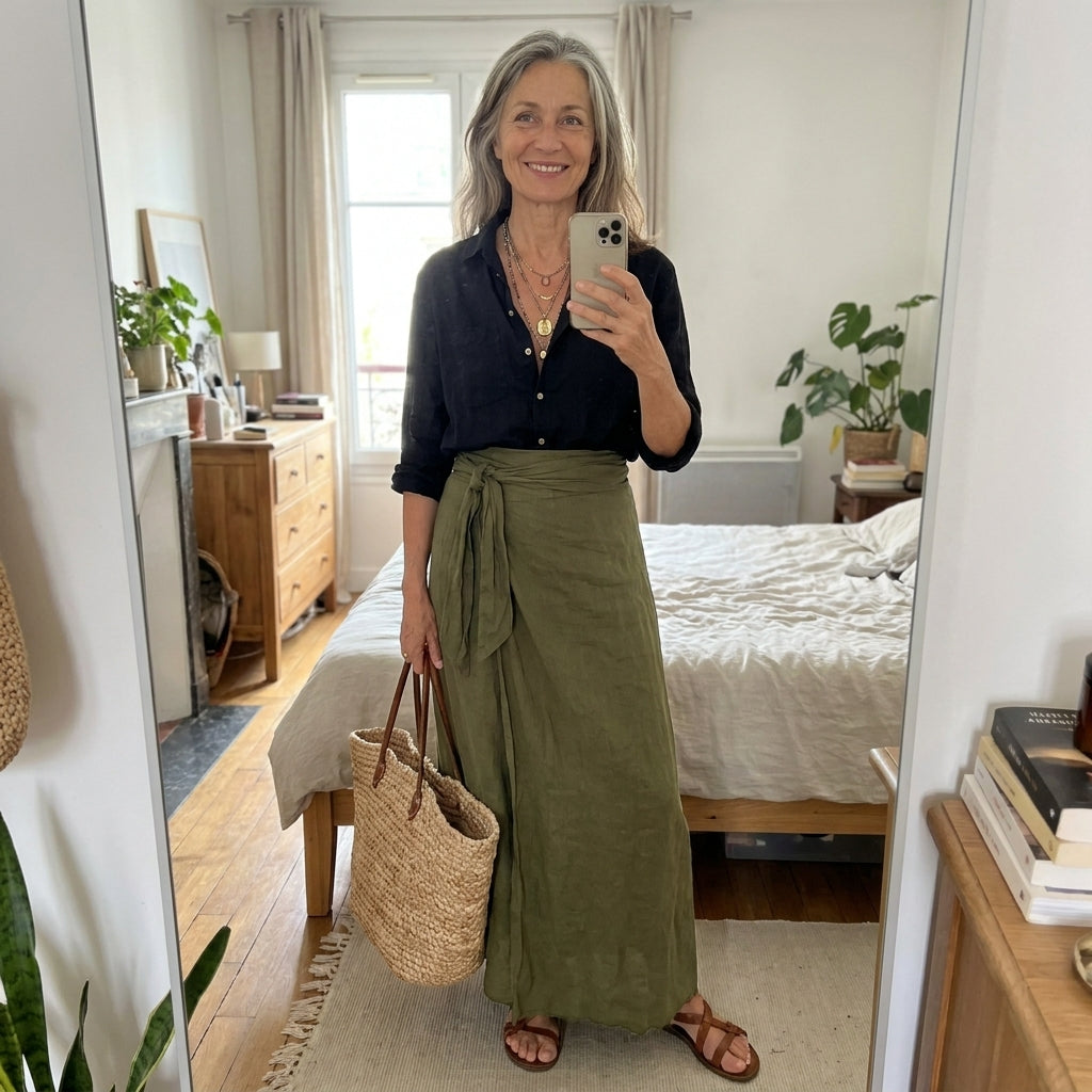 Conjunto de dos piezas en espejo: camisa negra abotonada y falda midi verde oliva