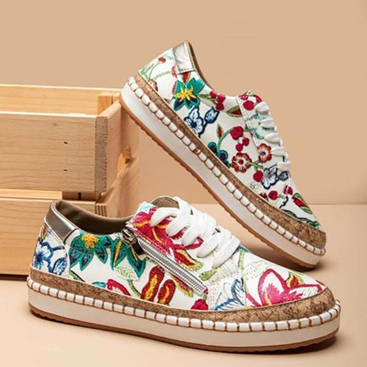 Zapatilla ortopédica blanca con flores vintage multicolor y suela tipo esparto