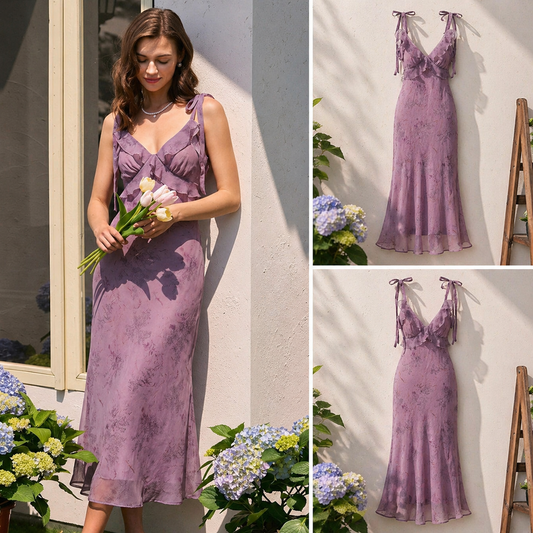 Vestido midi violeta con tirantes y lazos en el pecho, estampado floral