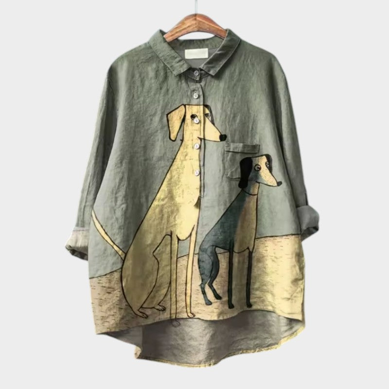 Blusa de lino verde con estampado de perros, botones delanteros