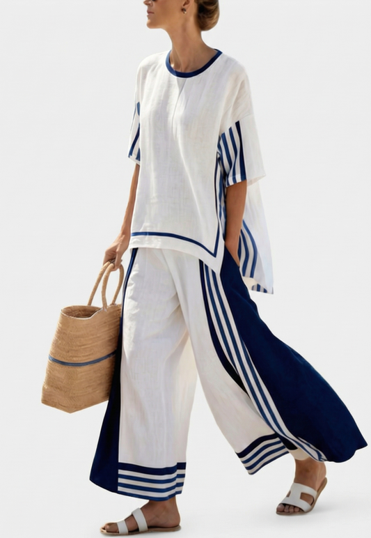 Conjunto de lino Reyna con blusa blanca y pantalón ancho rayas azul marino
