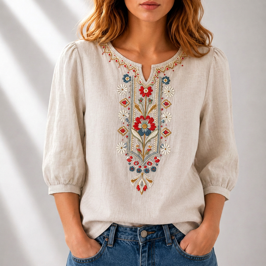 Blusa de lino beige con bordado floral multicolor en el centro y cuello tipo greca