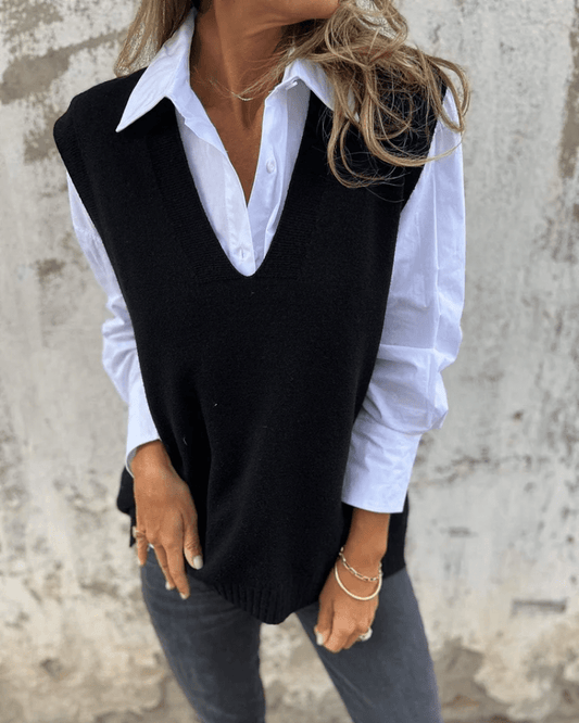 Chaleco de punto superpuesto negro con cuello pico y sin mangas