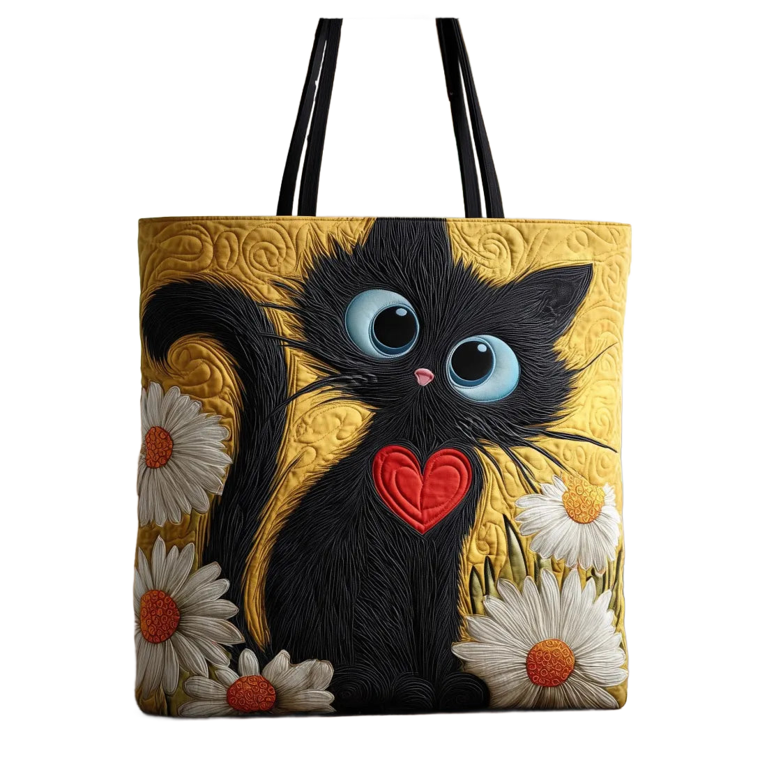 Bolso artesanal tipo tote con gato negro, corazón rojo y margaritas blancas, asas largas