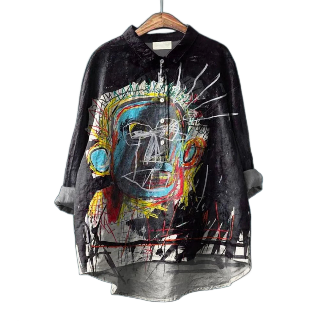 Camisa de lino negra con estampado abstracto, cuello y botones frontales
