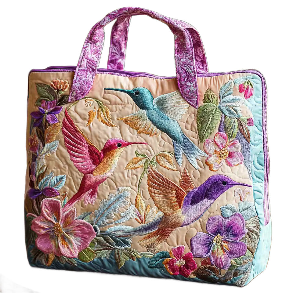 Bolso acolchado bordado a mano con aves y flores, asas moradas y ribete azul