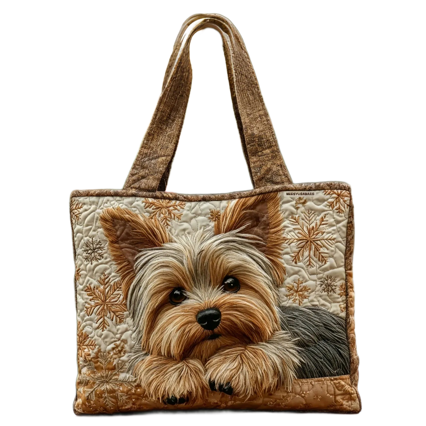 Bolso tote artesanal con estampado de perro Yorkshire y asas de tela marrón