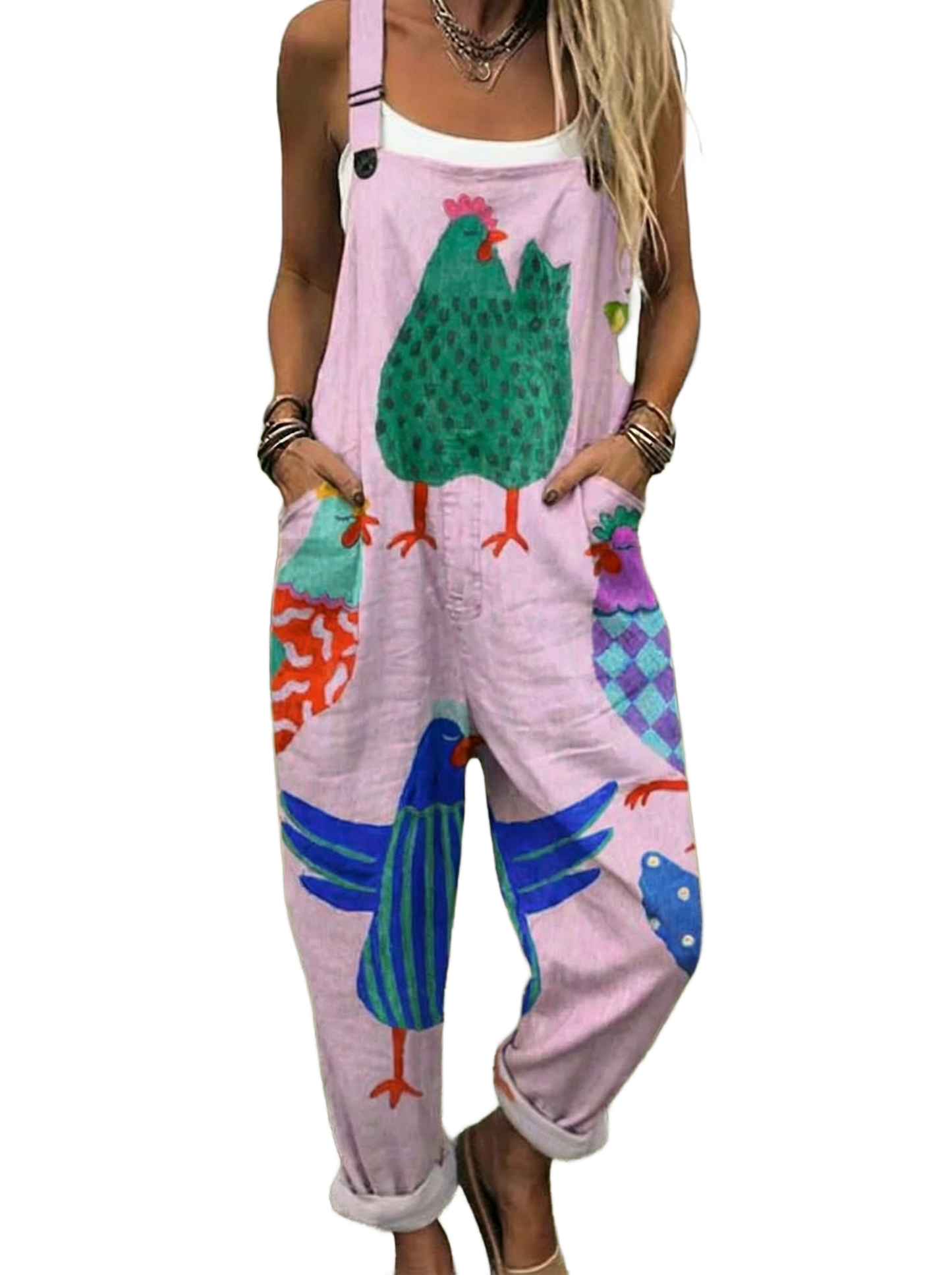Mono sin mangas lila con tirantes y estampado de gallinas multicolor