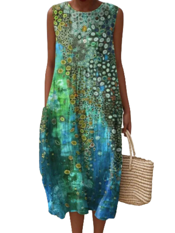 Vestido Zara sin mangas, cuello redondo, estampado multicolor verde y azul, suelto