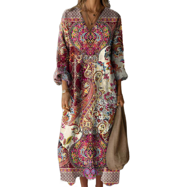 Vestido bohemio largo multicolor con estampado paisley, escote en V y mangas 3/4