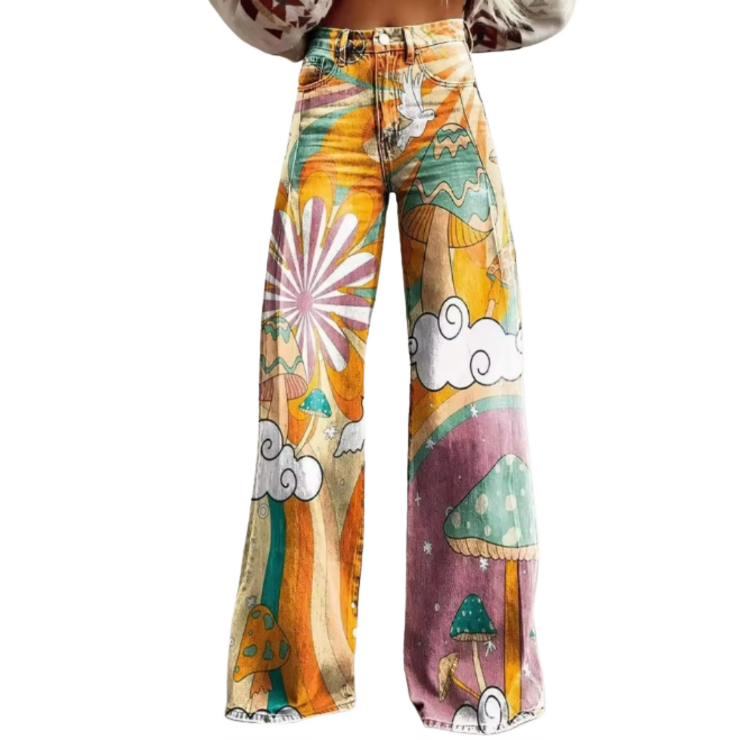 Vaqueros acampanados de colores con diseño psicodélico y estampado multicolor