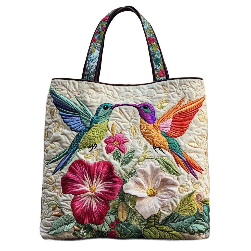 Bolsa acolchada de tela con diseño bordado de aves y flores, con asas cortas