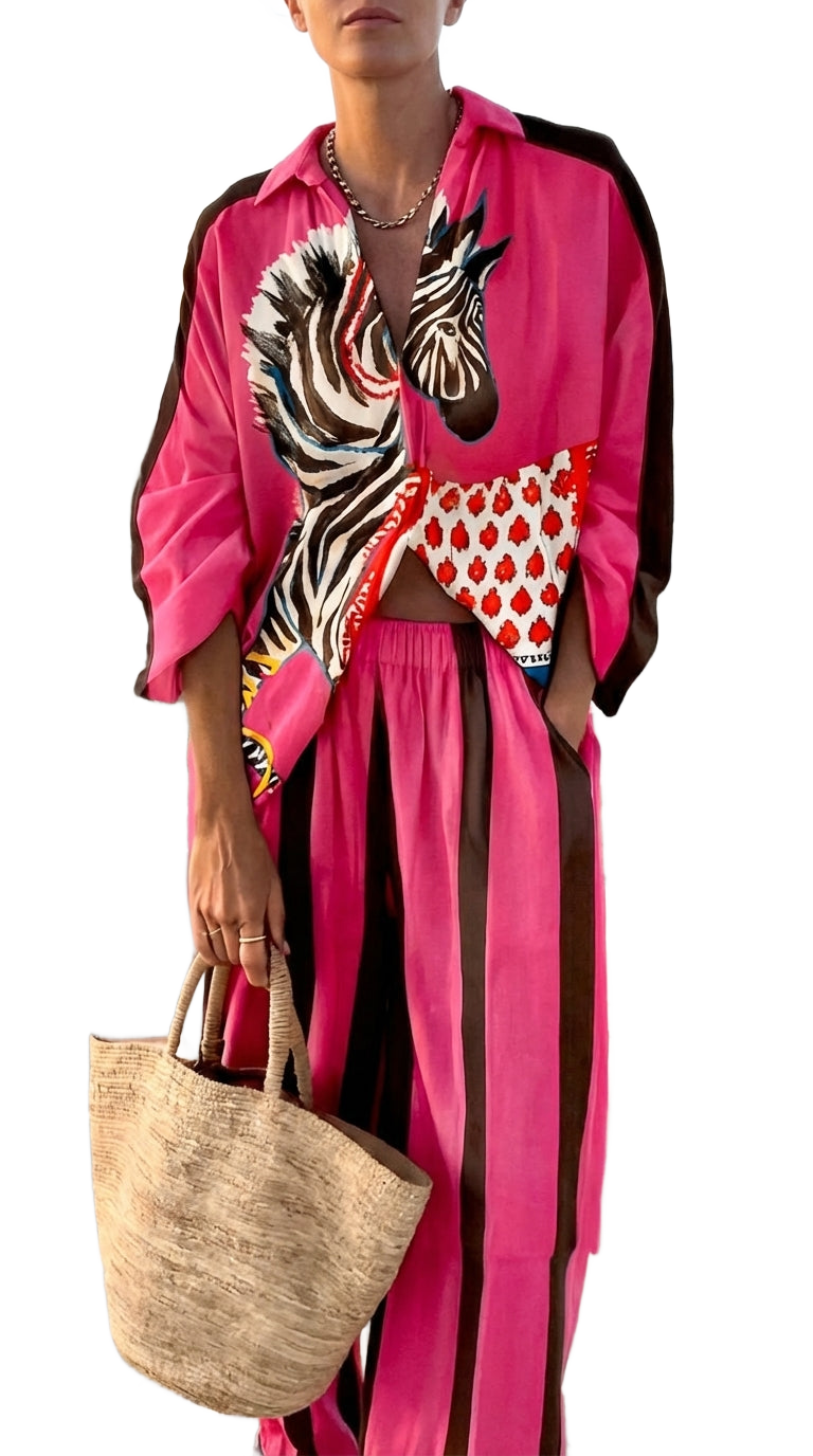 Conjunto de vestido tipo kaftán rosa con estampado cebra y bolsillos, con falda