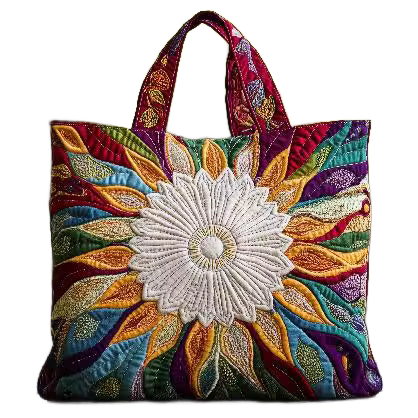 Bolso acolchado hecho a mano con bordado mandala floral multicolor y asa