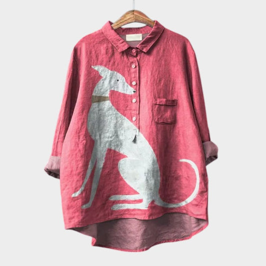 Blusa de lino rosa con estampado de gatos, botones delanteros