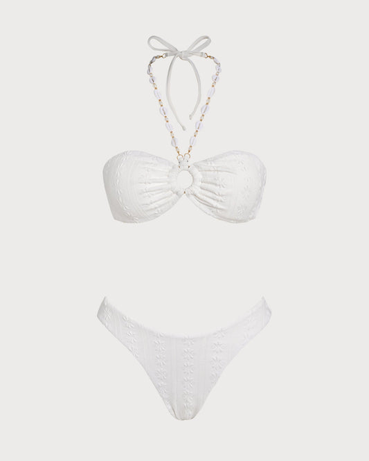 Conjunto de bikini bandeau blanco: top con lazo ajustable y braguita de tiro alto