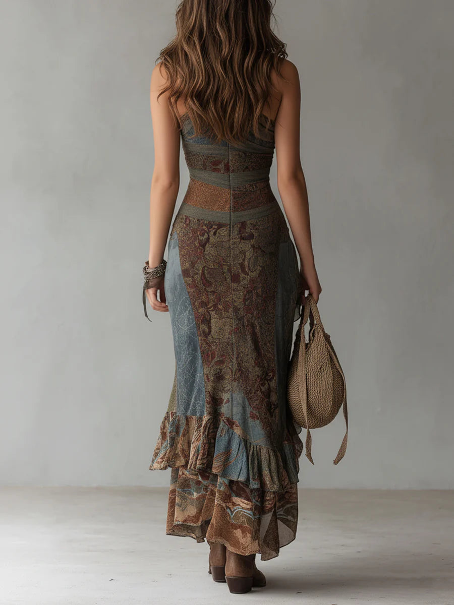Vestido largo sin mangas con estampado étnico gris y dobladillo con volante