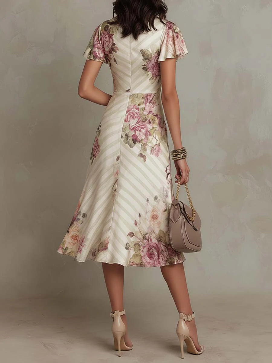 Vestido midi de satén marfil con estampado floral retro, escote cruzado y manga corta