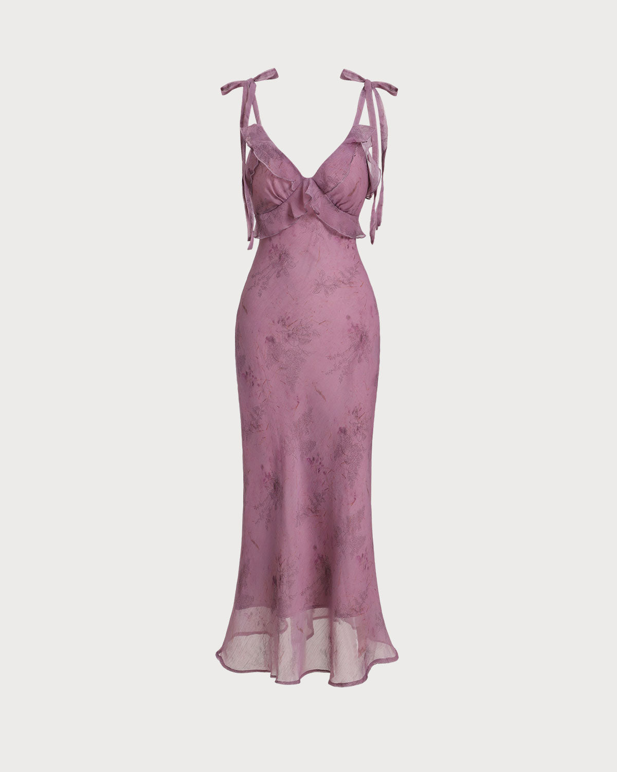 Vestido midi violeta de tirantes con lazos en el pecho y estampado floral