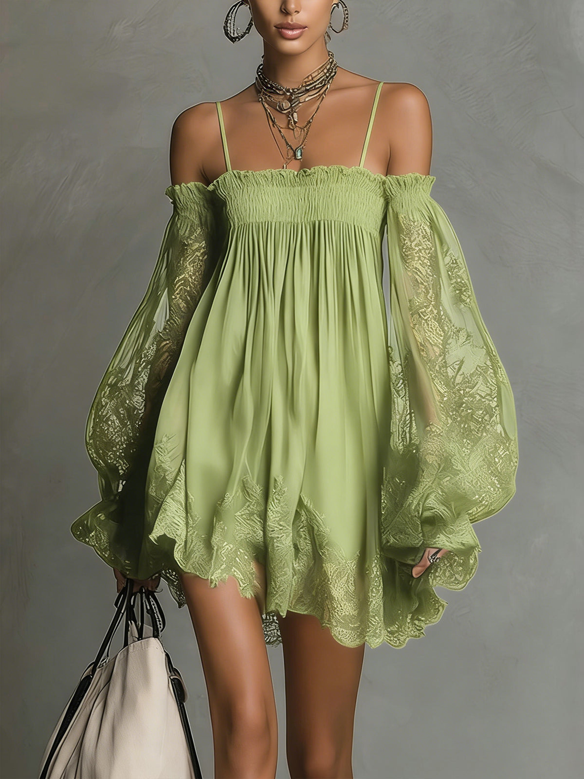 Vestido mini de gasa verde con escote off-shoulder fruncido y mangas globo de encaje