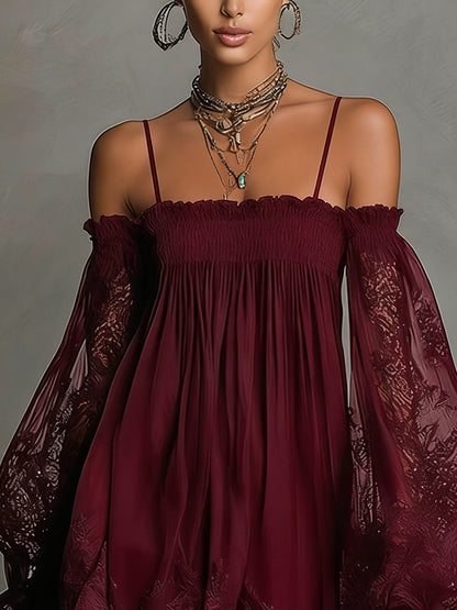 Vestido mini burdeos con escote Bardot fruncido, tirantes finos y mangas de encaje