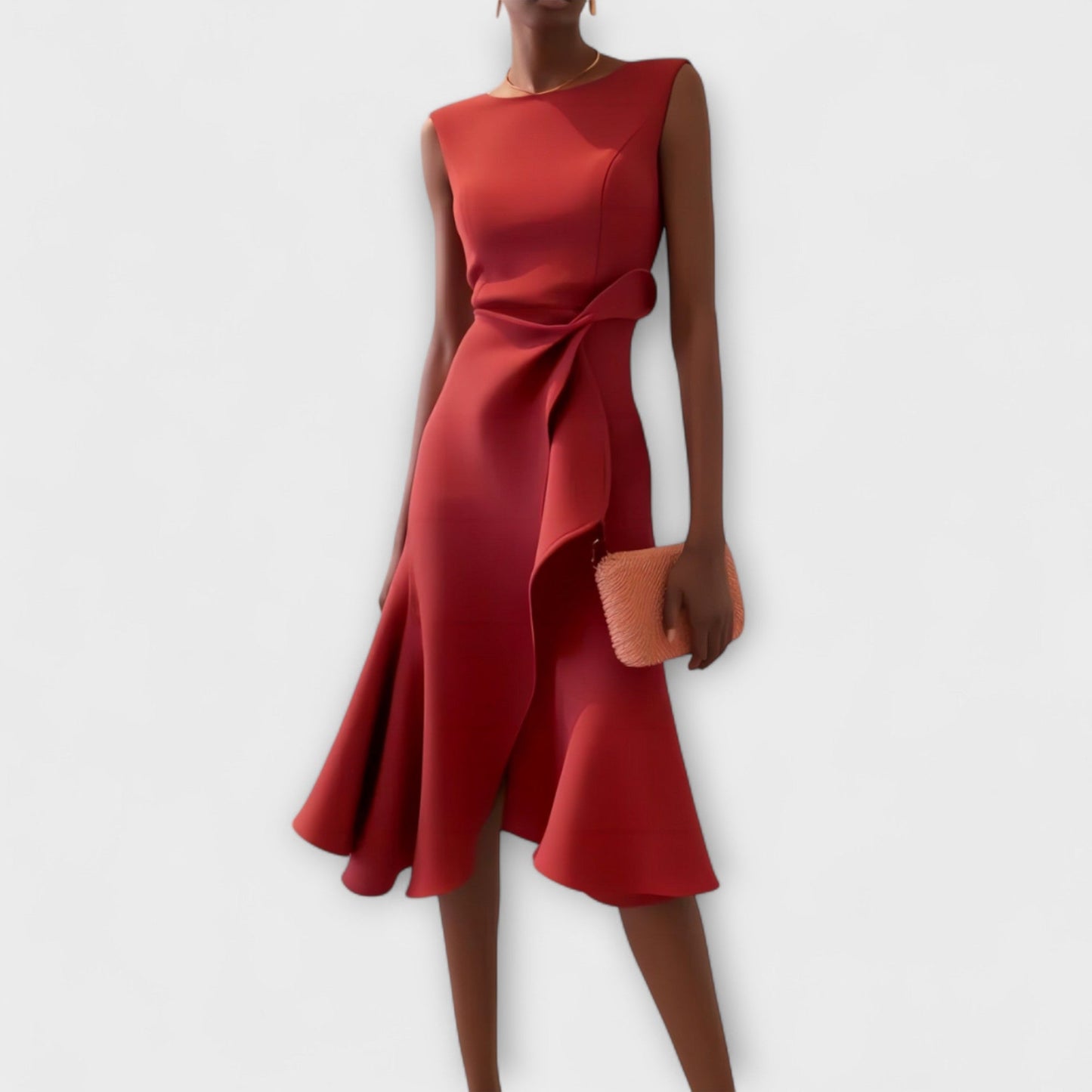 Vestido midi sin mangas rojo con drapeado en la cintura y falda acampanada