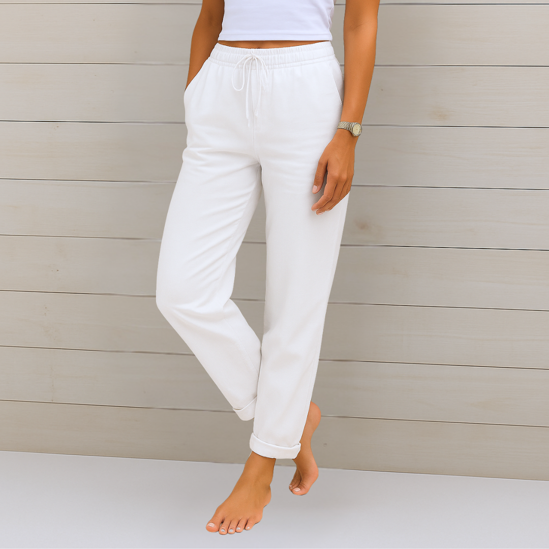 Pantalones casuales blancos con cintura elástica y cordón, puños en el bajo