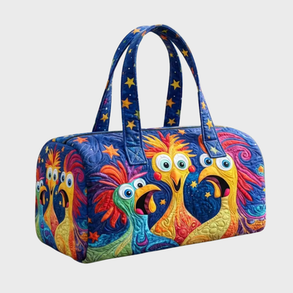 Bolso de viaje artesanal azul con estampado colorido de animales y asas dobles