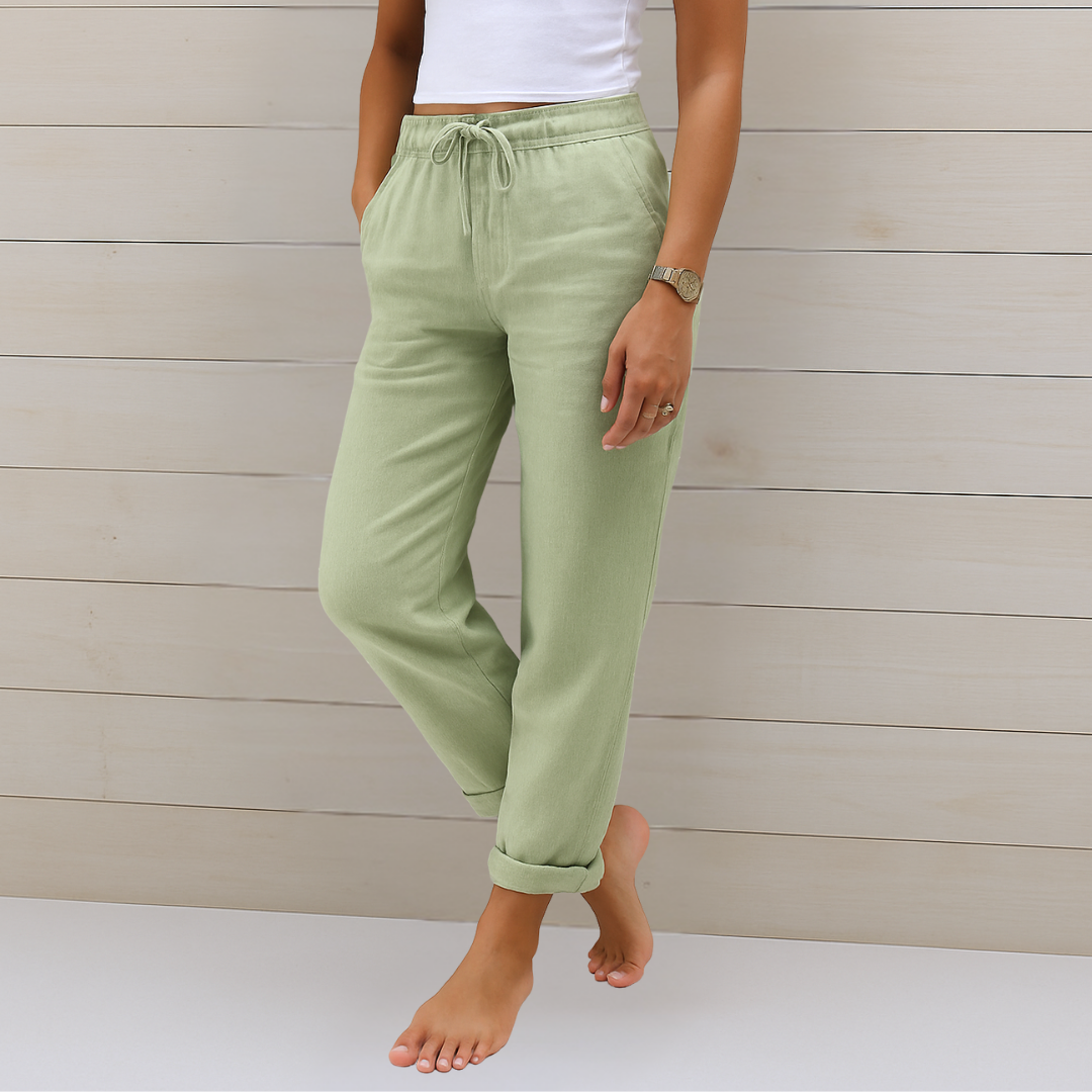 Pantalones casuales verde menta con cintura elástica y cordón, puños en el bajo