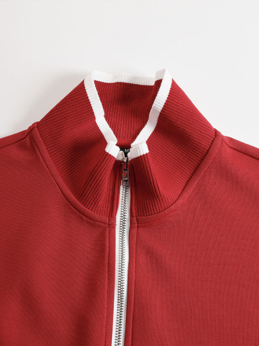 Sudadera roja de media cremallera con cuello elástico y cremallera metálica