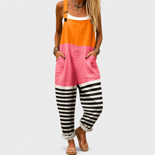 Salopette de tirantes bicolor naranja, rosa y rayas negro y blanco