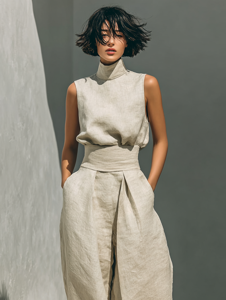 Conjunto de algodón y lino beige: top sin mangas con cuello alto y pantalón ancho
