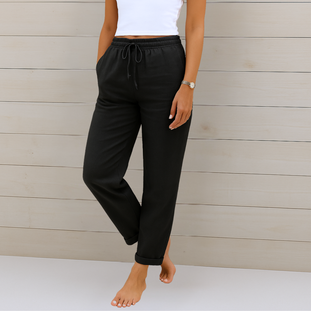 Pantalones casuales negros con cintura elástica y cordón, puños en el bajo
